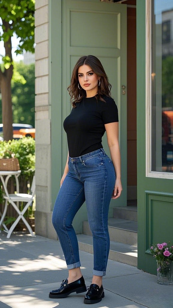 Fitted Black T-Shirt, Classic Blue Jeans, and Polished Loafers