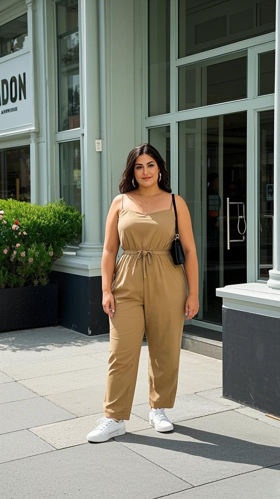 Neutral Sleeveless Jumpsuit, Classic White Sneakers, and a Minimal Crossbody Bag