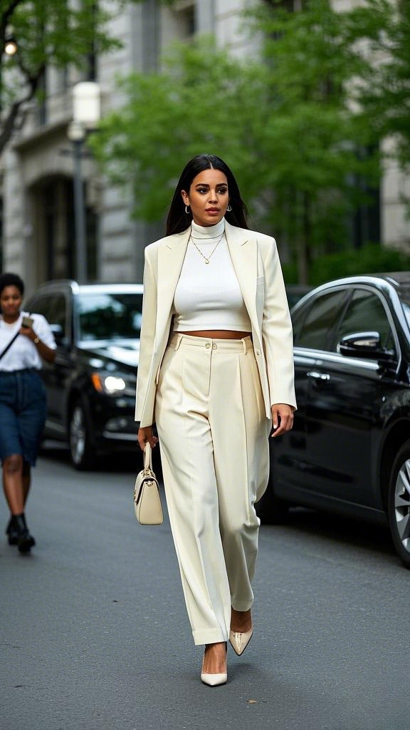 Cream Tailored Suit, White Cropped Turtleneck, and Matching Heels