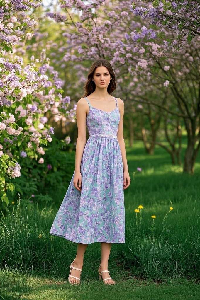 Pastel Floral A-Line Dress - Strappy sandals