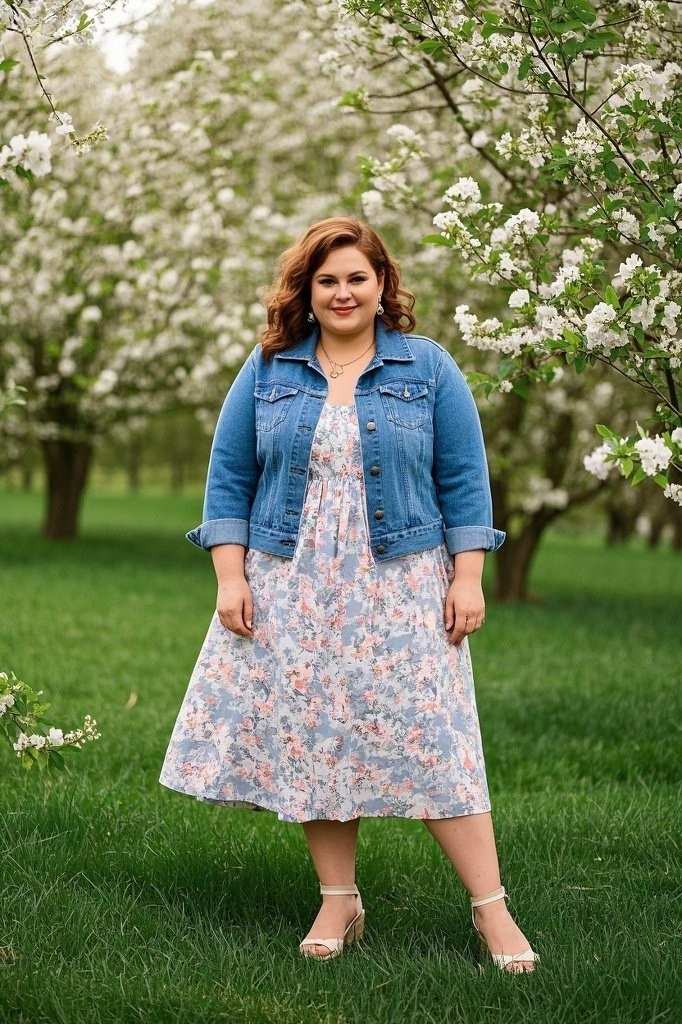 Floral Sundress - Denim Jacket - Neutral Wedge Sandals - Minimal Accessories