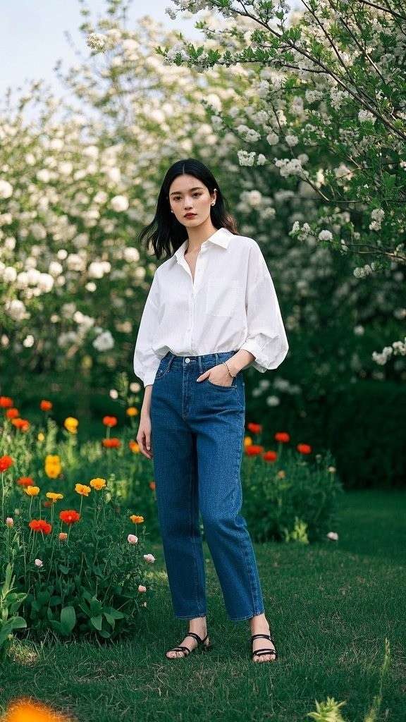 Crisp White Blouse with High-Waisted Jeans - Flat Sandals - Minimal Accessories