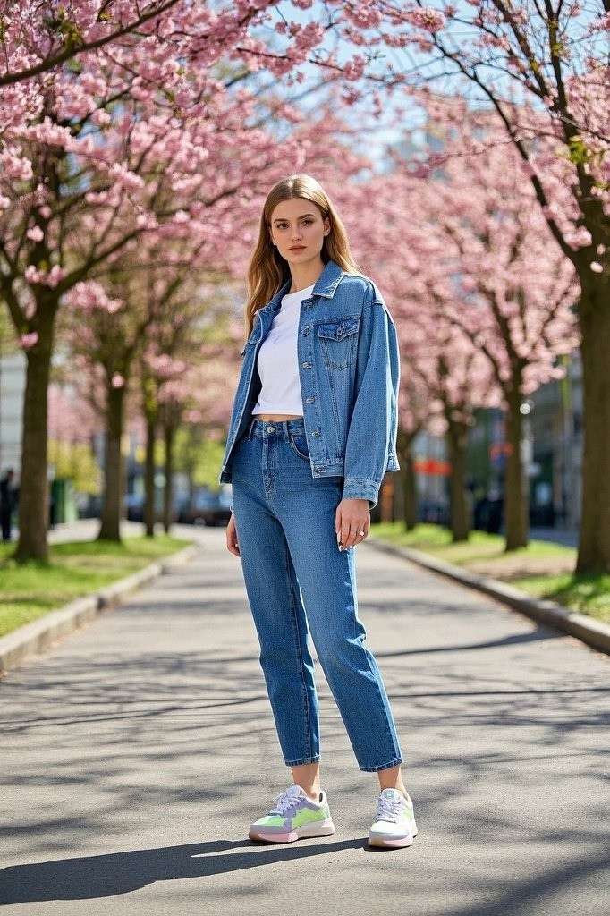 Pastel-Colored Sneakers - Cropped Jeans - Simple Tee - Light Denim Jacket