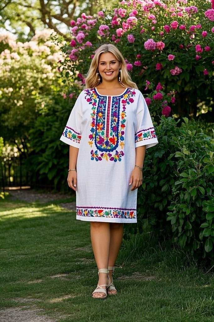 Vibrant Embroidered Shift Dress - Neutral Sandals