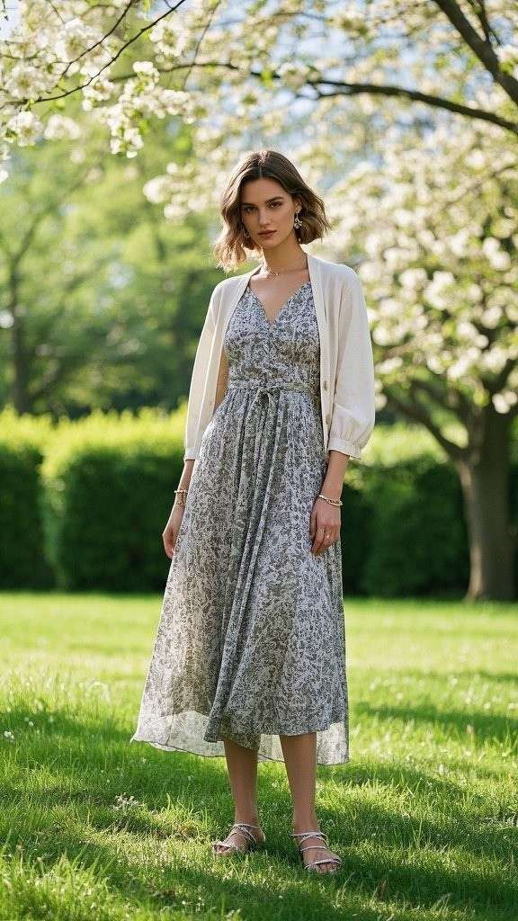 Light Cardigan - with a Patterned Dress - Delicate Jewelry Accents - Sandals