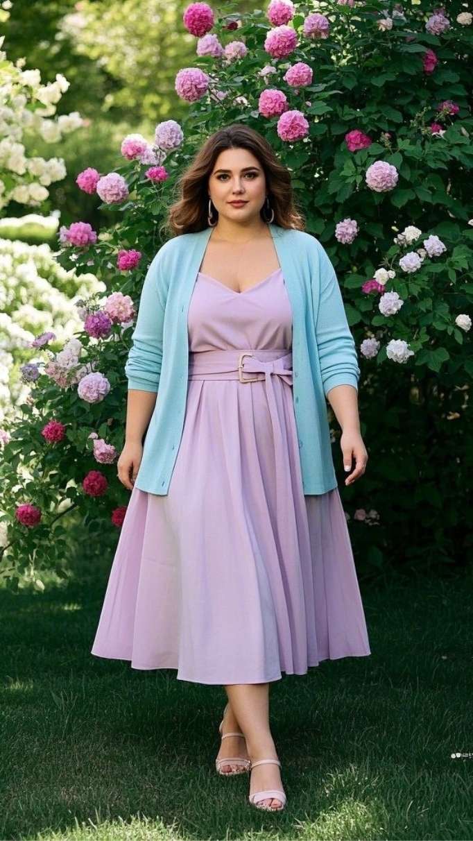 Flowy Midi Skirt with a Pastel Top - Subtle Belt - Cardigan - Low Heels