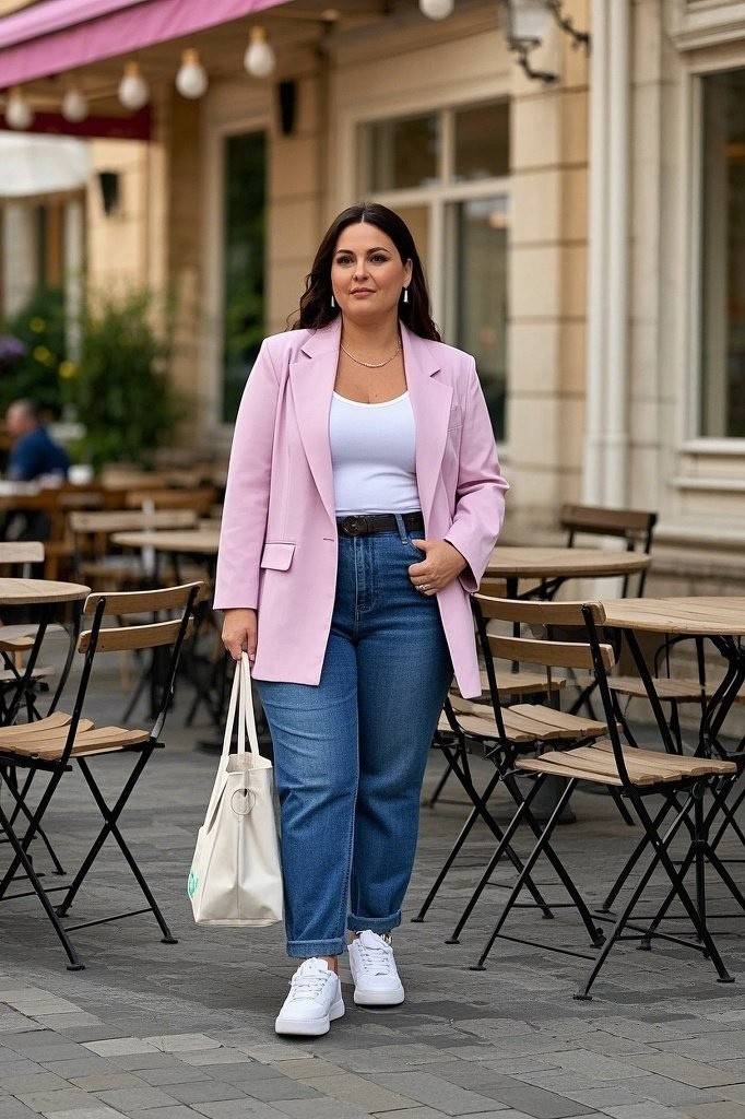 Pastel Blazer - Boyfriend Jeans - Camisole - White Sneakers - Slim Belt - Simple Tote Bag