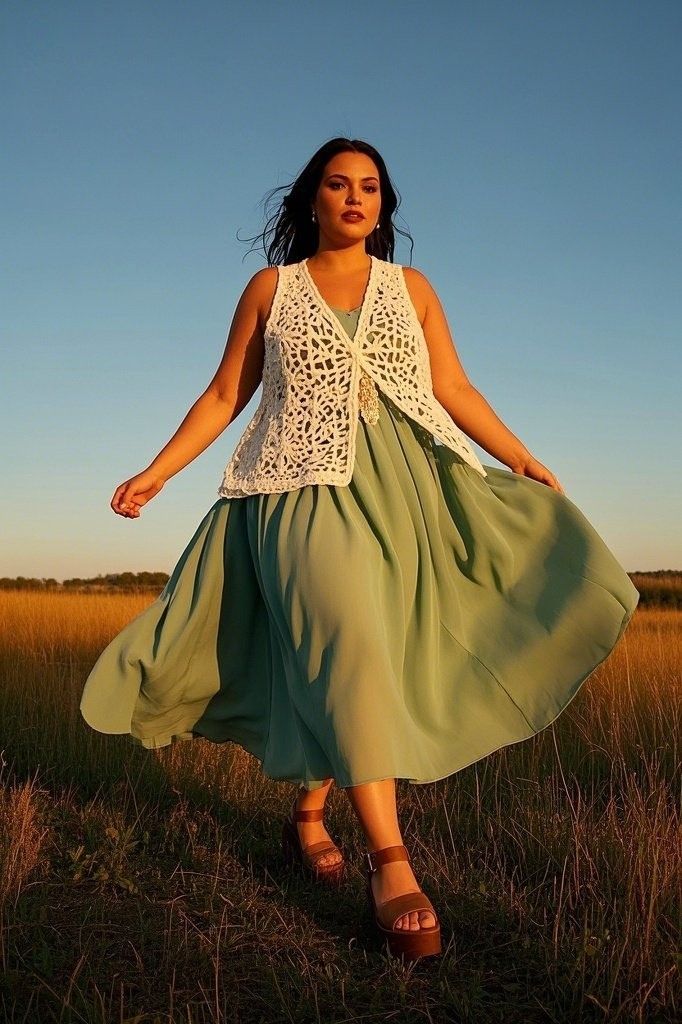 Flowy Maxi dress + Crochet Vest + Platform Sandals