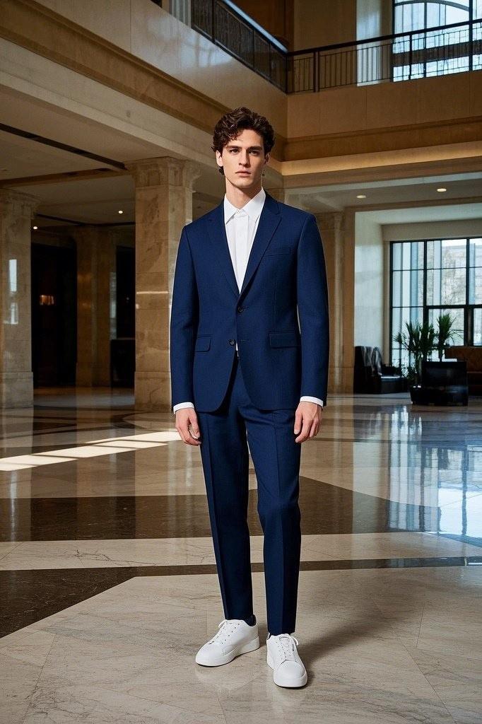 Navy Wool Suit + White Leather Lows