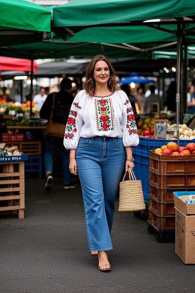 Peasant Blouse + Wide‑Leg Jeans + Wedge Espadrilles
