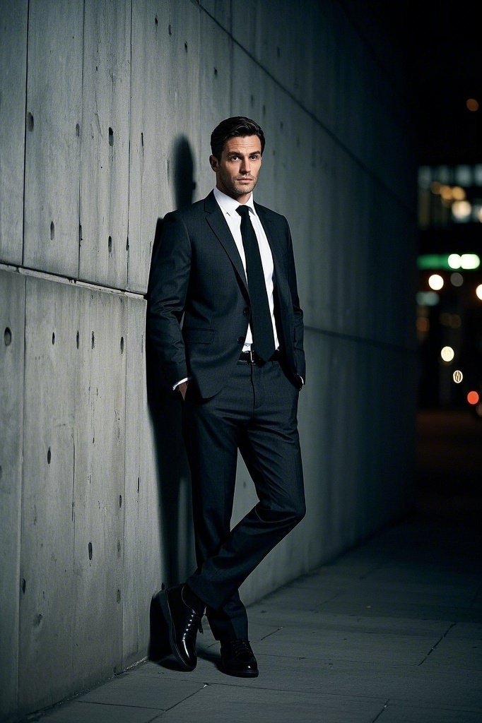 Charcoal Suit + Black Minimal Sneakers
