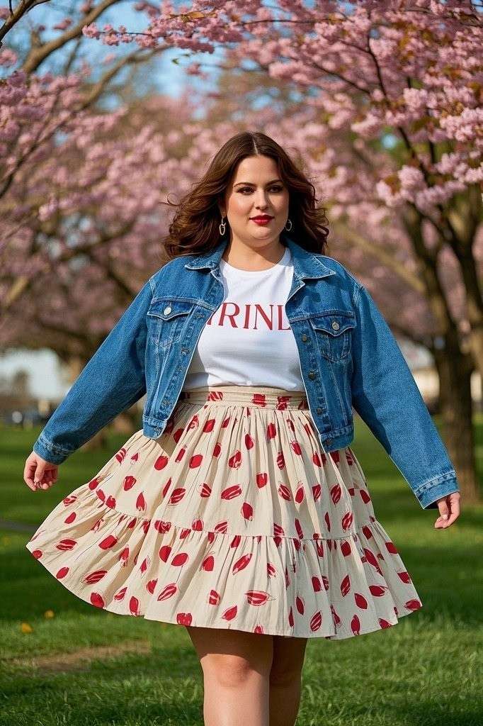 Tiered Midi Skirt + Graphic Band Tee + Denim Jacket