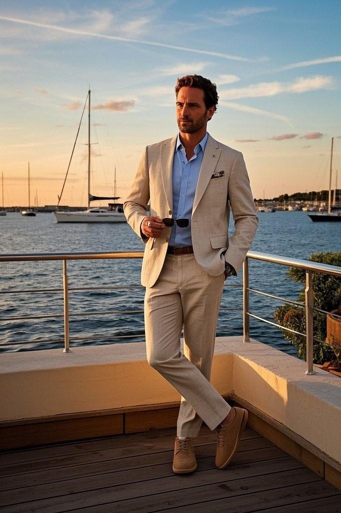 Light Linen Suit + Beige (or Pastel) Suede Sneakers