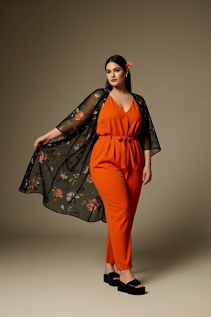 Jumpsuit with Tie Waist + Kimono + Chunky Slides