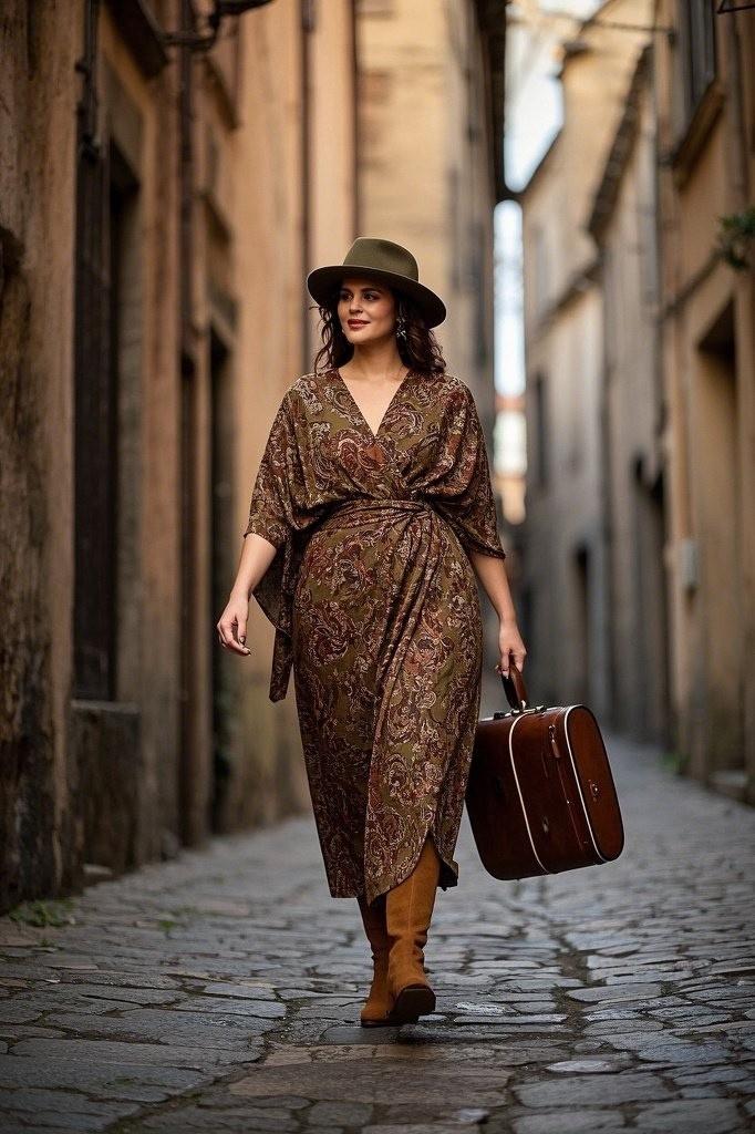 Boho Wrap Dress + Ankle Boots + Felt Fedora