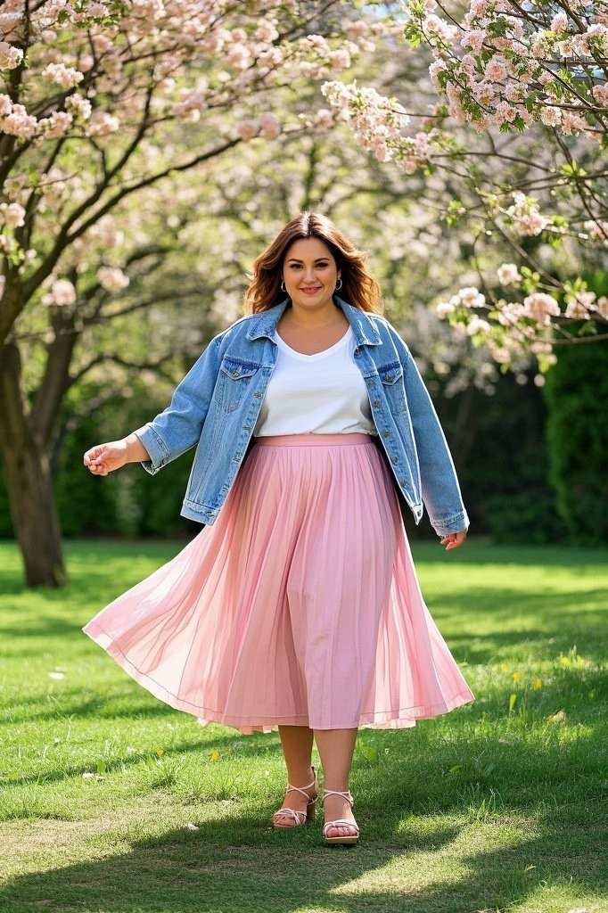 Pastel Pink Midi Skirt - White Tee - Strappy Sandals - Light Denim Jacket