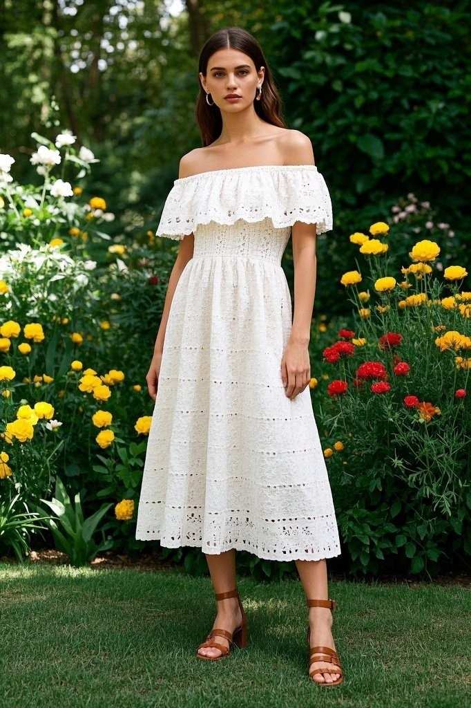 Off-Shoulder Eyelet Lace Dress - Chunky Heels