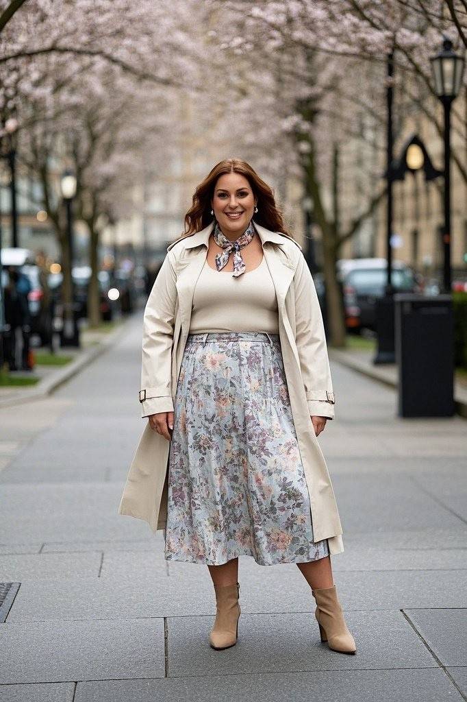 Lightweight Trench - Floral Pattern Midi Skirt - Fitted Top - Printed Scarf - Ankle Boots