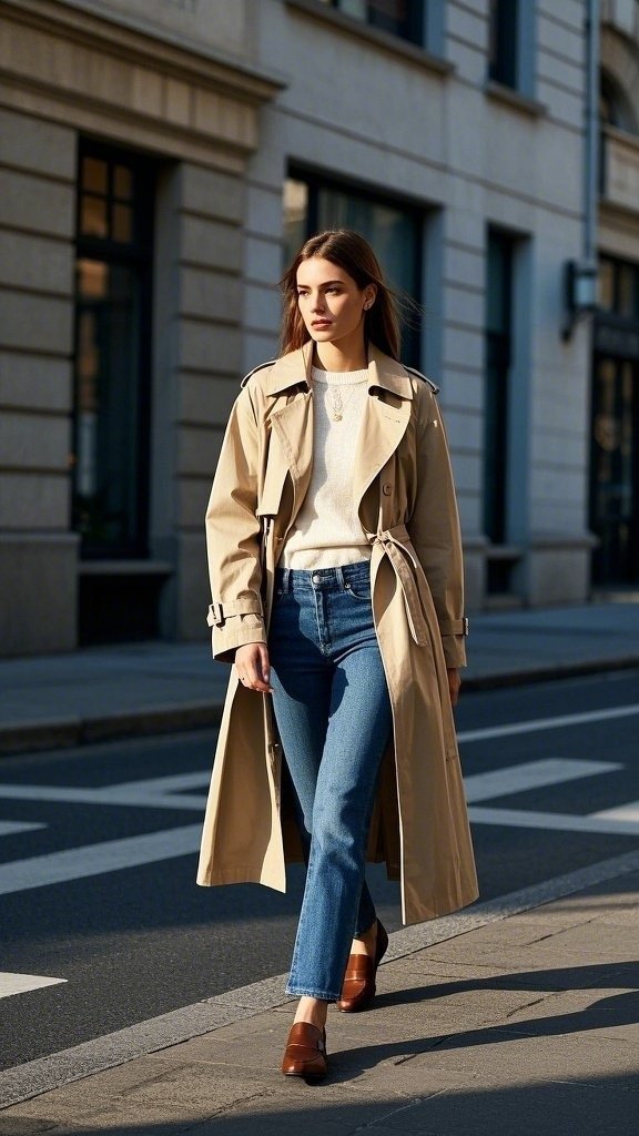 Lightweight Trench Coat - Thin Sweater - Slim-Fit Jeans - Loafers