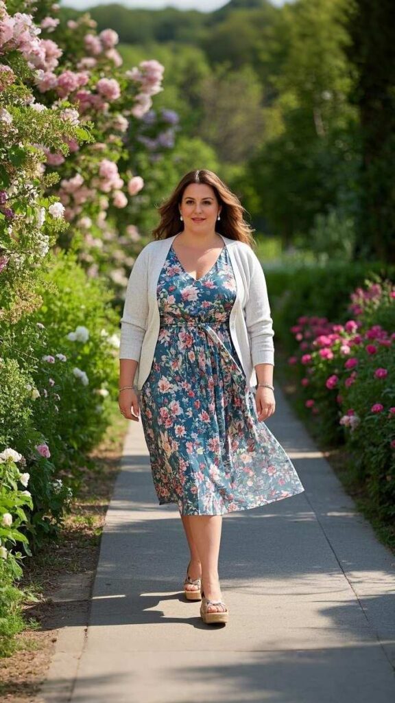 Lightweight Fabric Floral Dress - Cardigan - Wedge Sandals