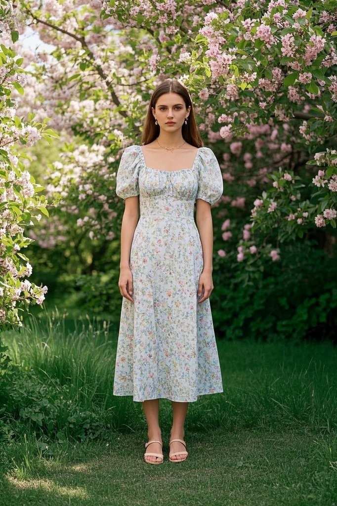 Light Floral Sundress With Small Pastel Flowers - Minimal Gold Jewelry - Flat Sandals