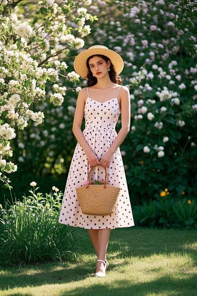 Polka Dot Sundress - Straw Hat - Off-White Ankle-Strap