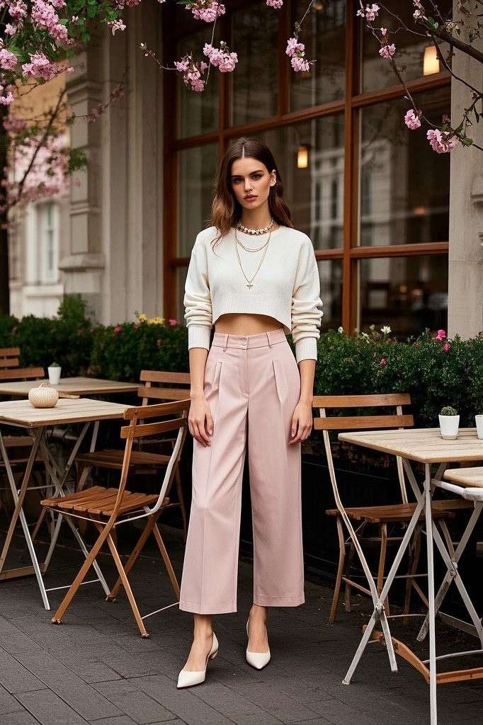 Cropped Sweater - High-Waisted Trousers - Pointed-Toe Flats - Delicate Layered Necklaces