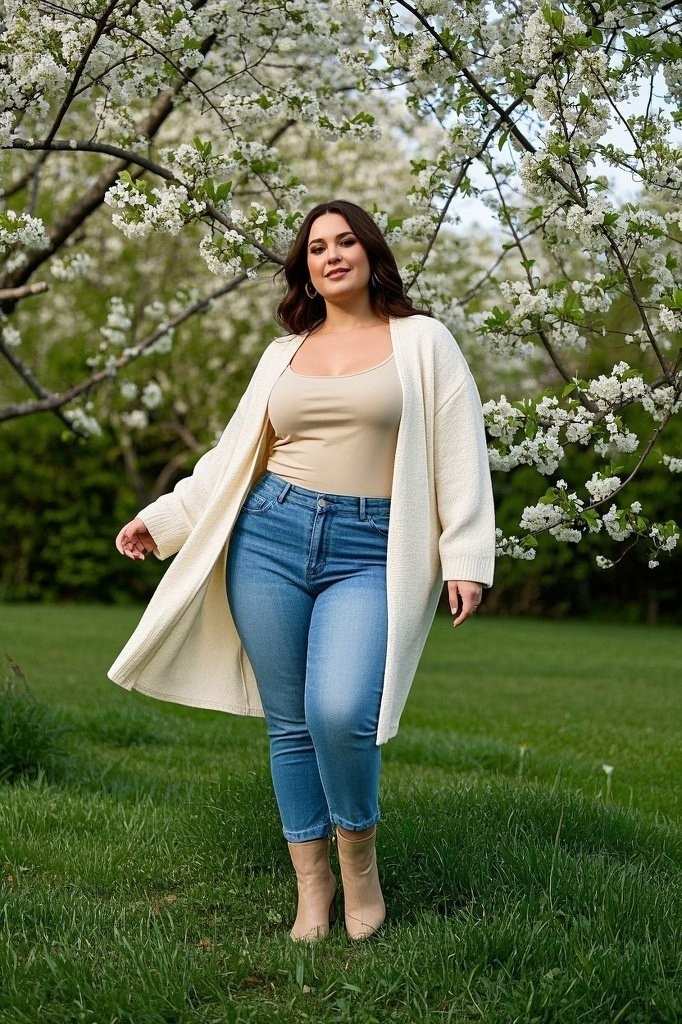 Cream Oversized Cardigan - Fitted Tank Top - Light-Wash Jeans - Ankle Boots