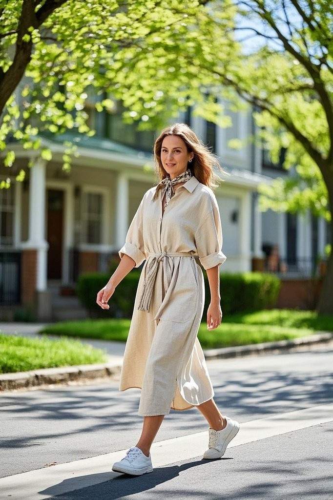 Casual Shirt Dress - Light Scarf - Thin Belt - Slip-On Sneakers