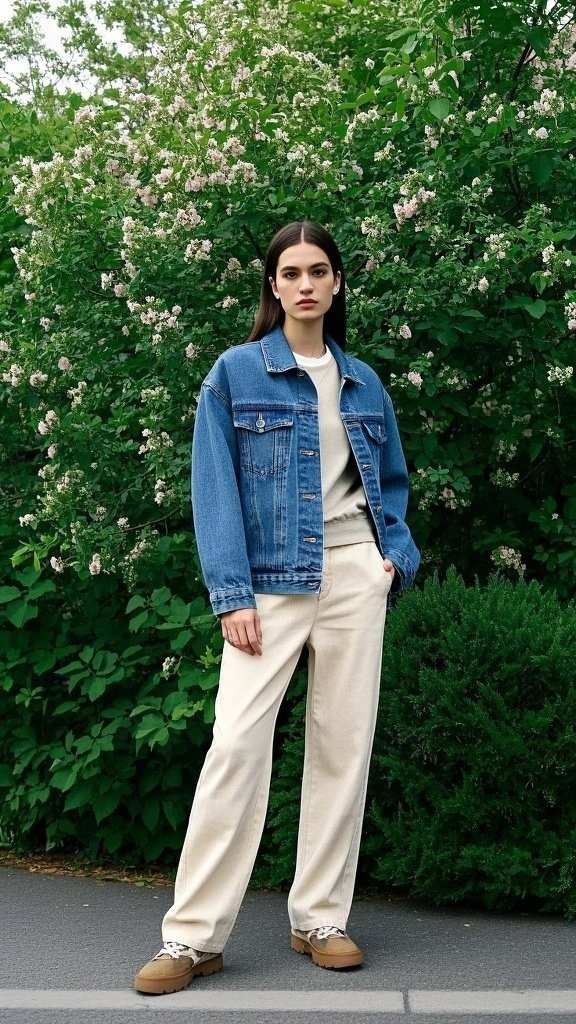 Denim Jacket - Layered over a T-shirt - Neutral Trousers - Sneakers