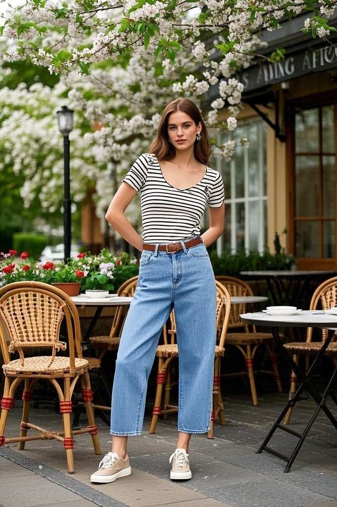 Light-Wash, High-Waisted Jeans - Tucked-In Striped Top - Thin Belt - Neutral Sneakers