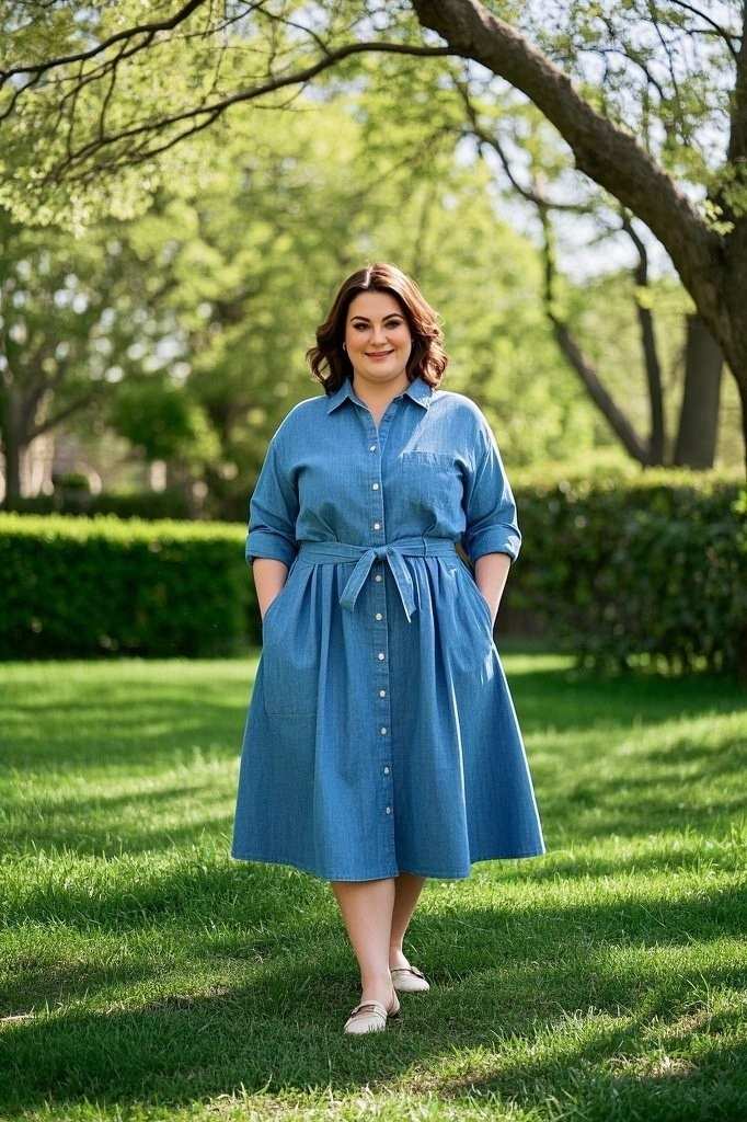 Classic Shirtdress - with Detachable Belt - Comfortable Flats