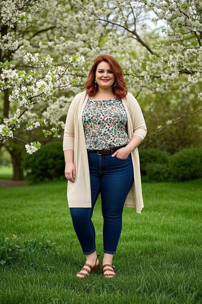 Printed Blouse - Cropped Jeans - Lightweight Cardigan - Strappy Sandals