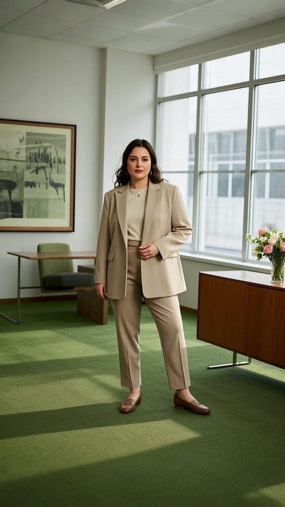 Neutral Color Tailored Blazer - Layered over a Simple T-shirt - Cropped Pants - Flats