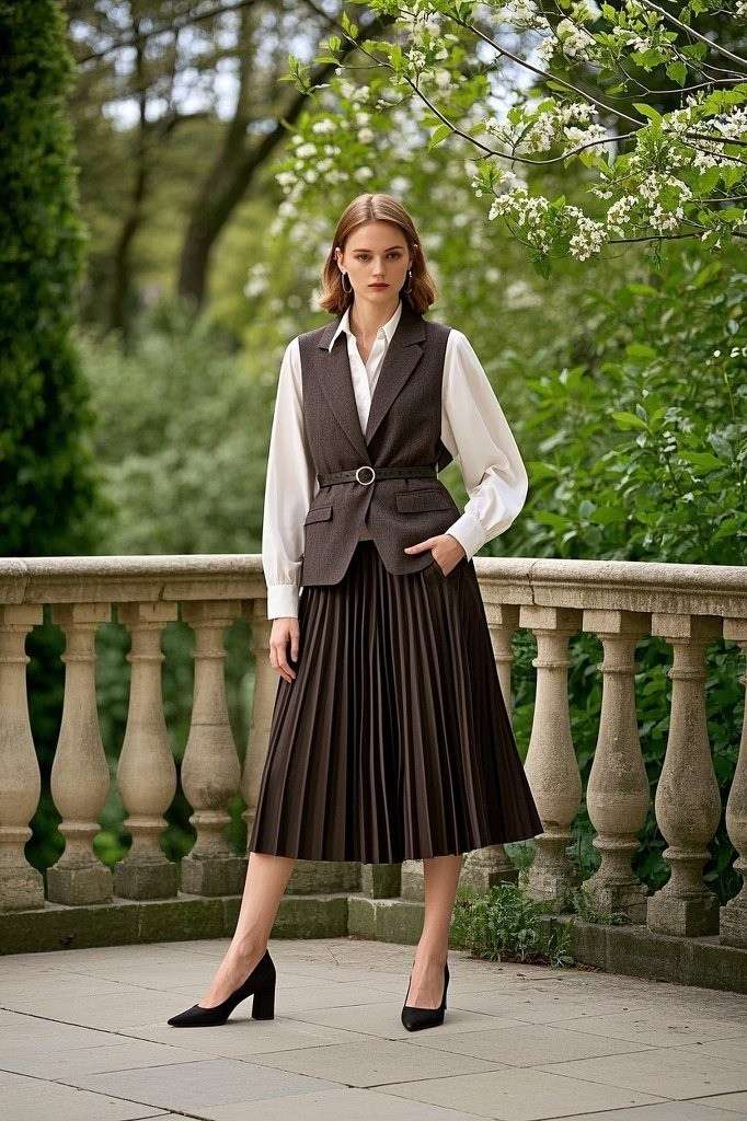Tailored Vest - Blouse - Pleated Skirt - Slim Belt - Block-Heeled Pumps