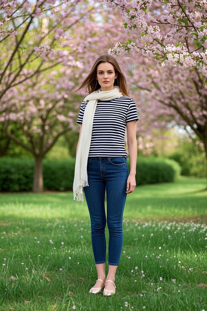 Navy-And-White Striped T-Shirt - Cropped Jeans - Ballet Flats - Light Scarf