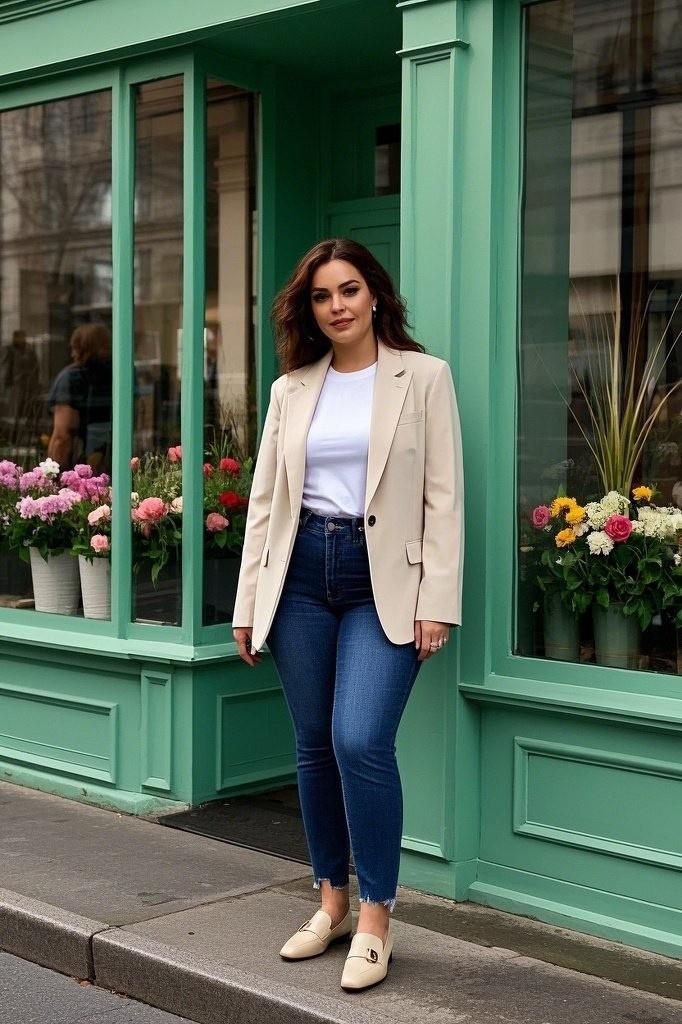 Pastel Beige Blazer - Simple White Tee - Slim Jeans - Neutral-Colored Loafers