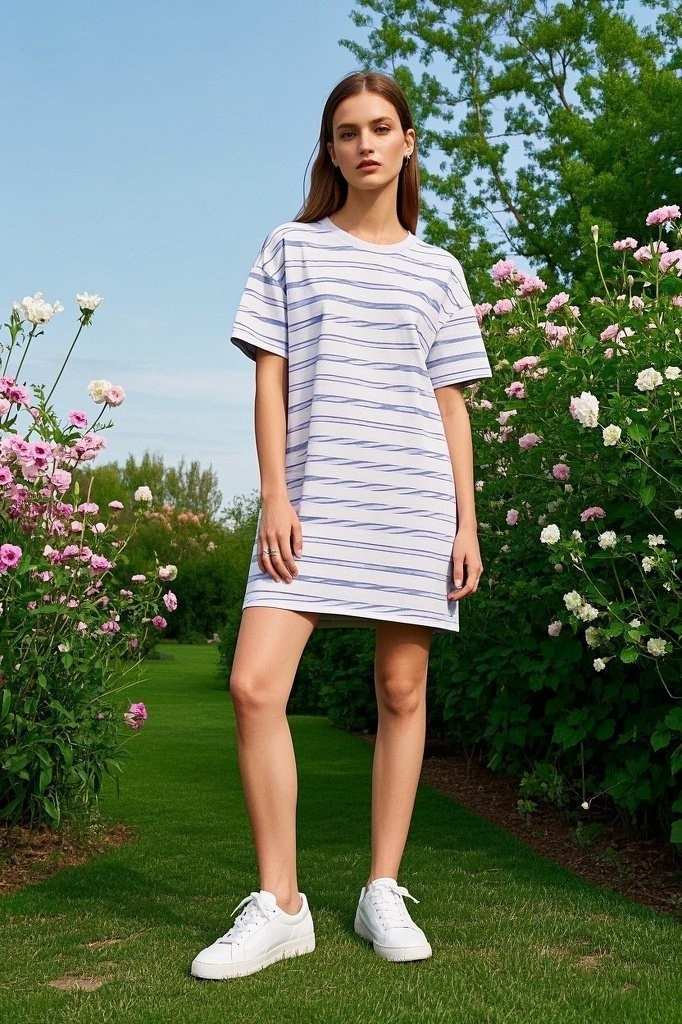 Casual Striped T-Shirt Dress - White Sneakers
