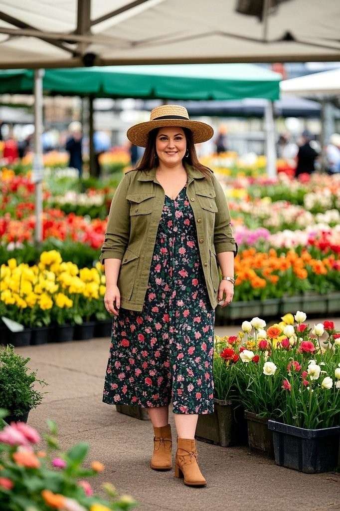 Utility Jacket - Floral Maxi Dress - Ankle Boots - Straw Hat