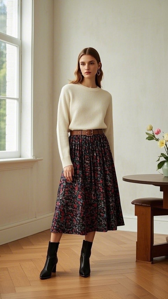Cozy Sweater - with a Statement Skirt - Slim Belt - Ankle Boots