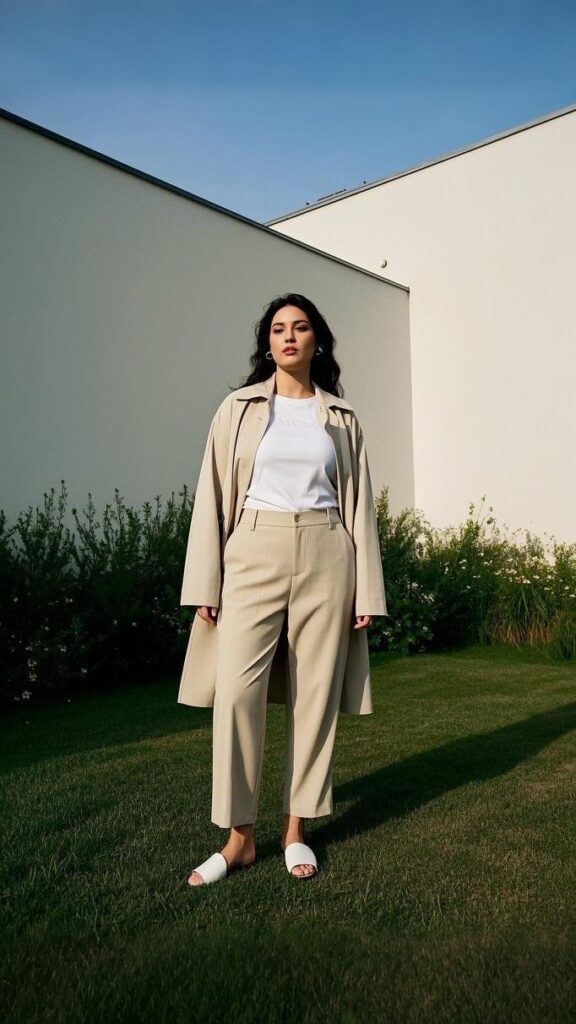 Simple T-Shirt - with Structured Pants - Light Coat - Slip-On Mules