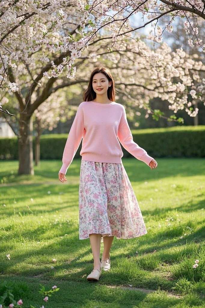 Soft Pink Lightweight Sweater - Midi Floral Skirt - Casual Flats