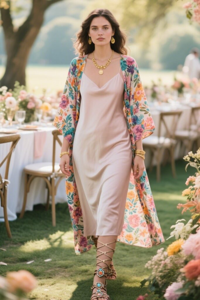 4. Floral Kimono over a Simple Slip Dress
