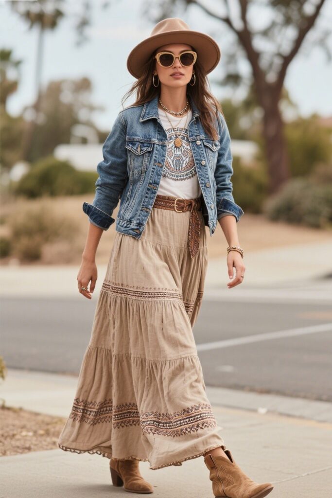 5. Denim Jacket with Boho Maxi Skirt