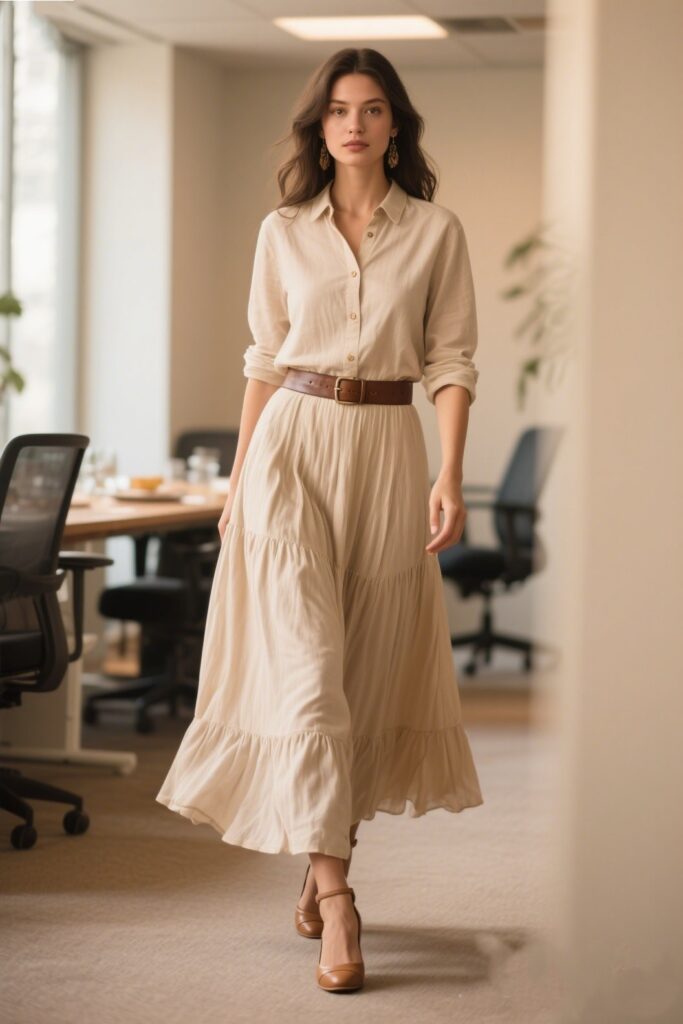 8. Maxi Skirt with a Button-Down Shirt