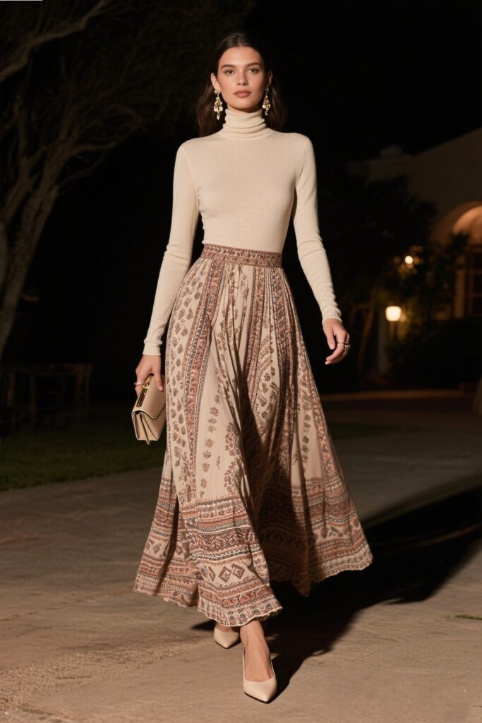 8. Elegant Evening: Boho Maxi Skirt with a Fitted Top