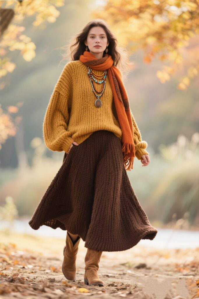 5. Autumn Boho: Chunky Knit Sweater with Boho Maxi Skirt