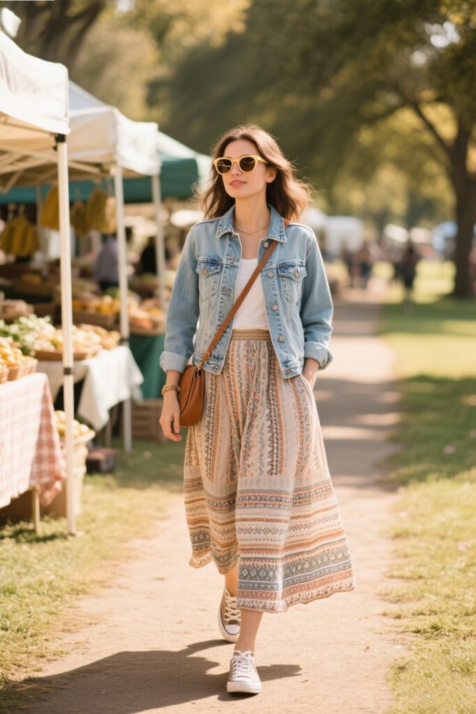 7. Weekend Adventure: Denim Jacket with Boho Maxi Skirt