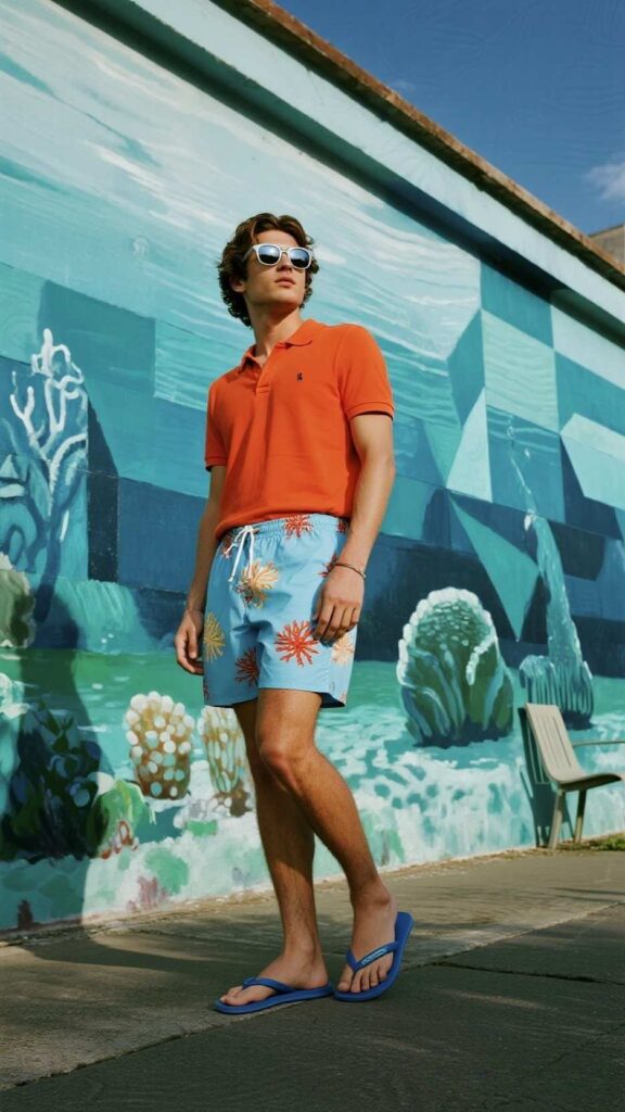 Orange Terry Polo + Coral‑Reef Print Swim Shorts + Blue Flip‑Flops + Mirrored Aviators