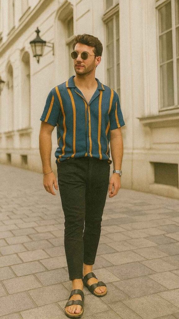 Blue Vertical Stripe Shirt + Black Ripped Jeans + Black Sandals + Silver Accessories + Sunglasses